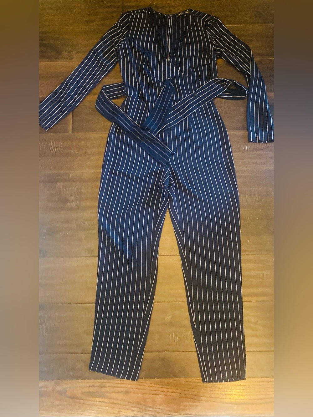 Classic Navy and white Pinstripe faux-wrap Long-Sleeve Jumpsuit with Tie Waist
